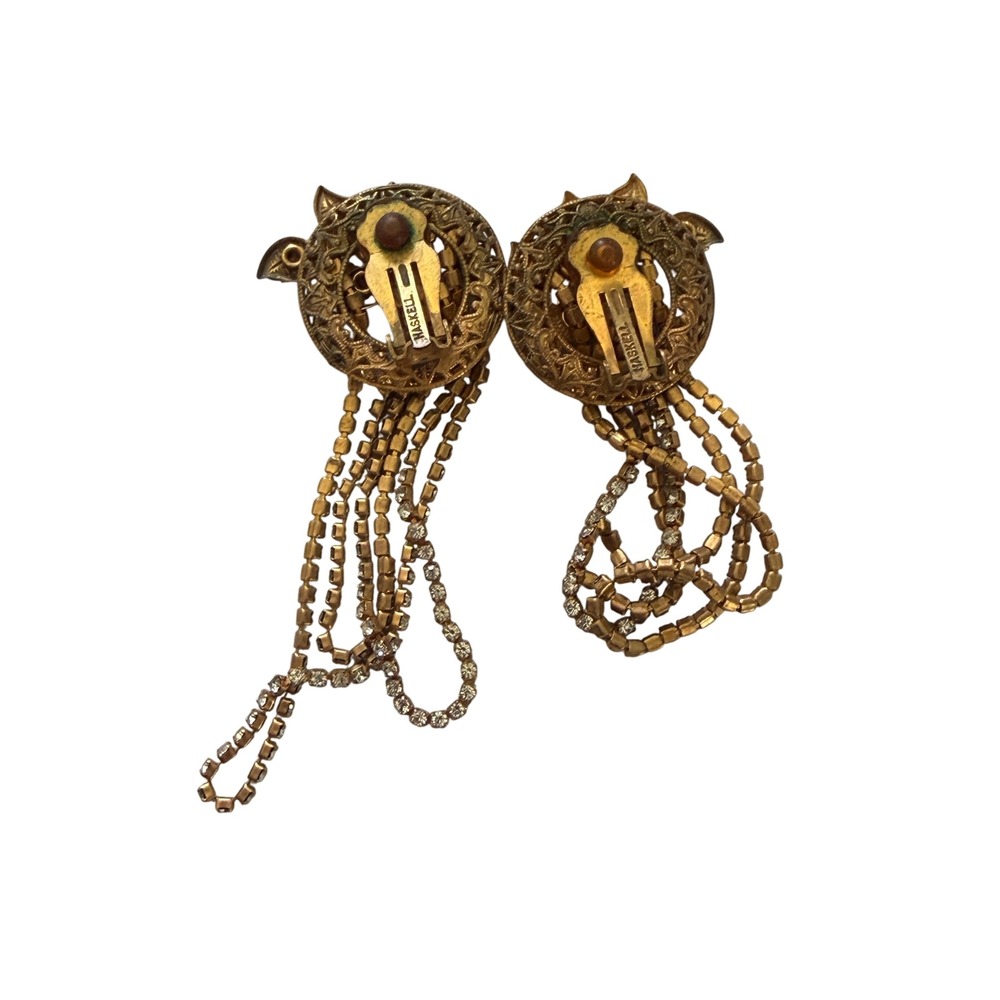Vintage Miriam Haskell SIgned Gold Tone Rhinestone Waterfall Chandelier Earrings - Picture 9 of 11